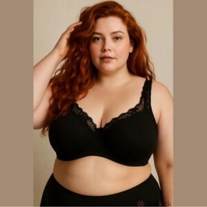 CATHERINES Bra 44DDD Solid Black Cotton Lace Trimmed Cups Never Worn NWT